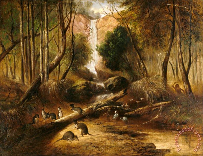 Bush Landscape with Waterfall And an Aborigine Stalking Native Animals, New South Wales painting - John Skinner Prout Bush Landscape with Waterfall And an Aborigine Stalking Native Animals, New South Wales Art Print