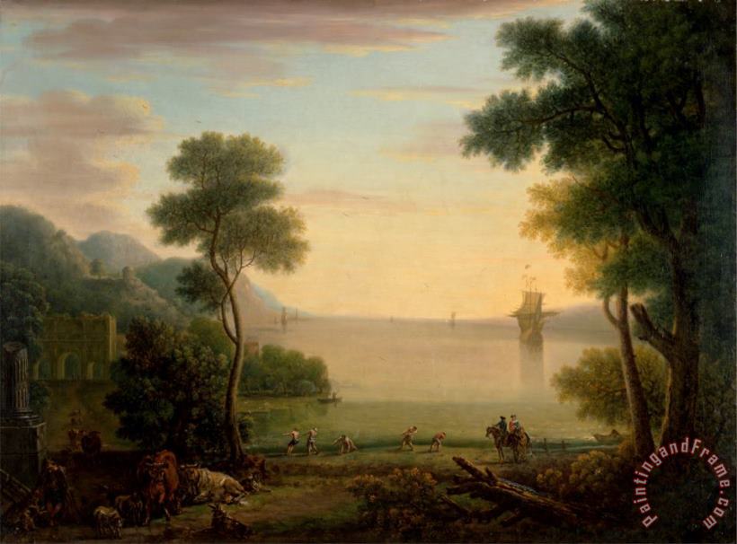 Classical Landscape with Figures And Animals Sunset painting - John Wootton Classical Landscape with Figures And Animals Sunset Art Print