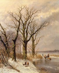 Josephus Gerardus Hans Winter landscape with faggot gatherers conversing on a frozen lake