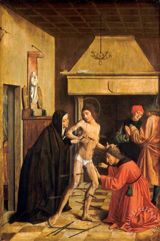 Saint Sebastian Cured by Irene painting - Josse Lieferinxe Saint Sebastian Cured by Irene Art Print