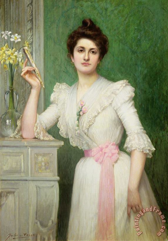 Portrait of a lady holding a fan painting - Jules-Charles Aviat Portrait of a lady holding a fan Art Print