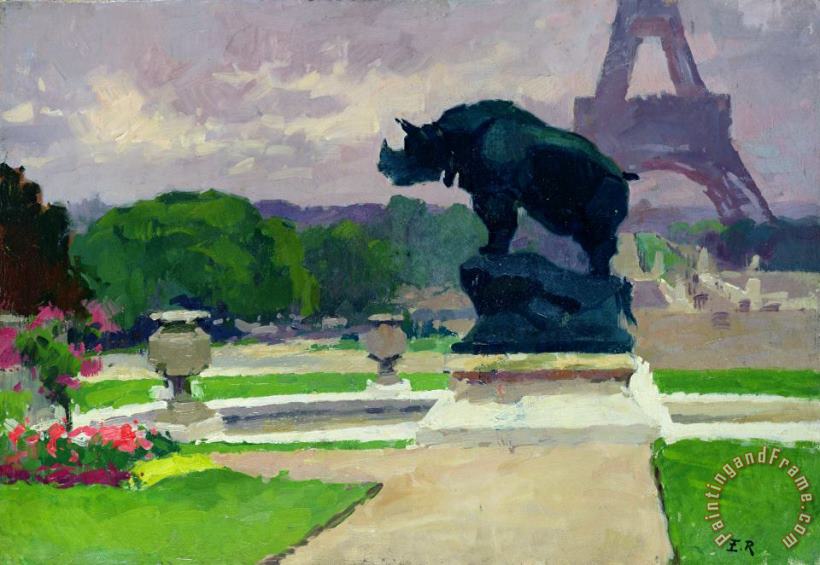 The Trocadero Gardens and the Rhinoceros painting - Jules Ernest Renoux The Trocadero Gardens and the Rhinoceros Art Print
