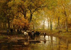 Julius Jacobus Van De Sande Bakhuyzen Watering Cows in a Pond