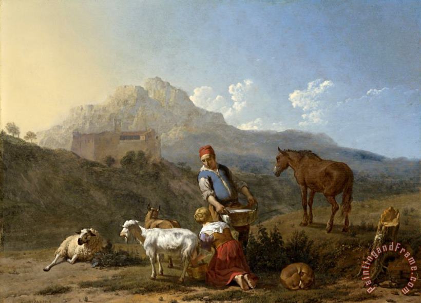 Karel Dujardin Italian Landscape with Girl Milking a Goat Art Painting