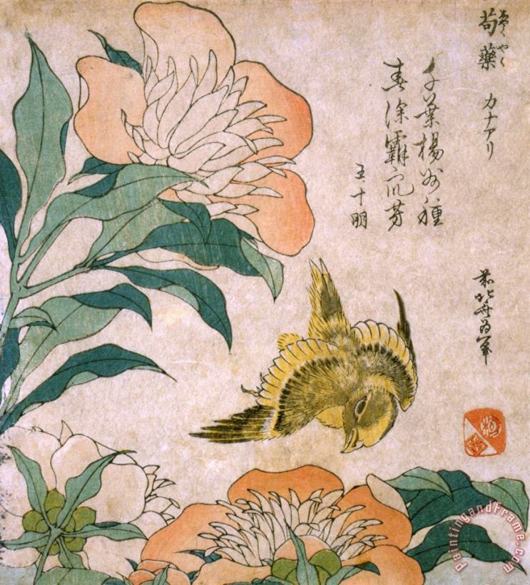 Katsushika Hokusai Peony And Canary Art Painting