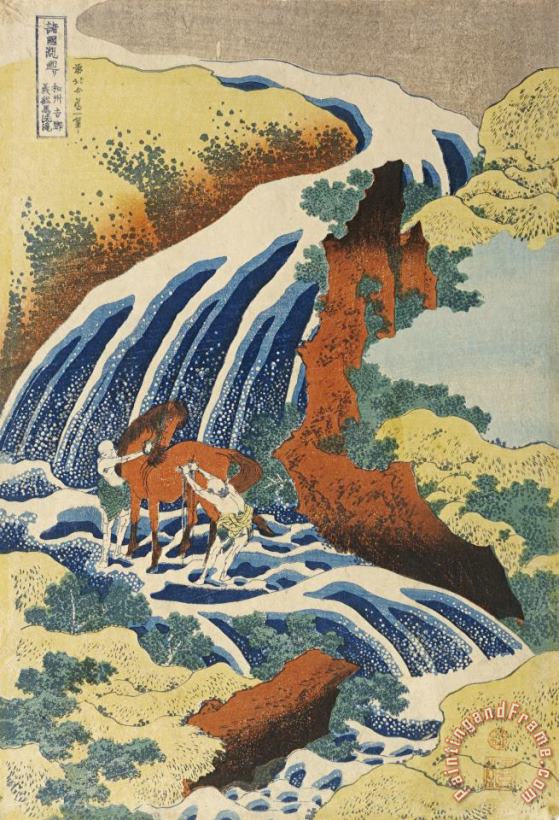 Two Men Washing a Horse in a Waterfall painting - Katsushika Hokusai Two Men Washing a Horse in a Waterfall Art Print