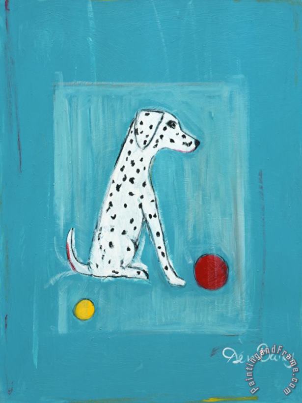 Dalmatian with Red And Yellow Ball painting - Ken Bailey Dalmatian with Red And Yellow Ball Art Print