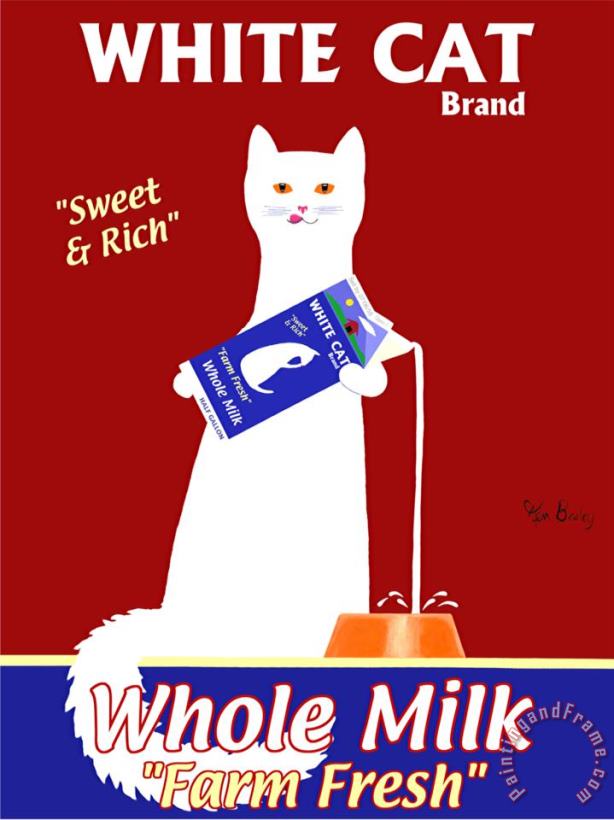 White Cat Milk painting - Ken Bailey White Cat Milk Art Print