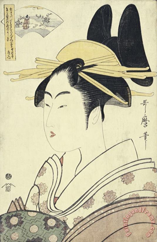 An Okubi E Portrait of a Courtesan Representing The Hagi Or Noji River painting - Kitagawa Utamaro An Okubi E Portrait of a Courtesan Representing The Hagi Or Noji River Art Print