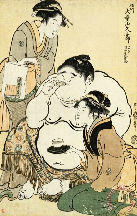 Daidozan Bungoro, The Infant Prodigy Drinking Sake And Being Offered Tea by The Famous Beauty And Teahouse Waitress Okita of The Naniwaya And Biscuits painting - Kitagawa Utamaro Daidozan Bungoro, The Infant Prodigy Drinking Sake And Being Offered Tea by The Famous Beauty And Teahouse Waitress Okita of The Naniwaya And Biscuits Art Print