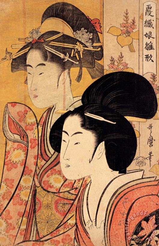 Two Beauties with Bamboo painting - Kitagawa Utamaro Two Beauties with Bamboo Art Print