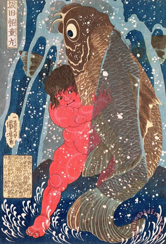 Kuniyoshi Kintoki Swims up the Waterfall Art Painting