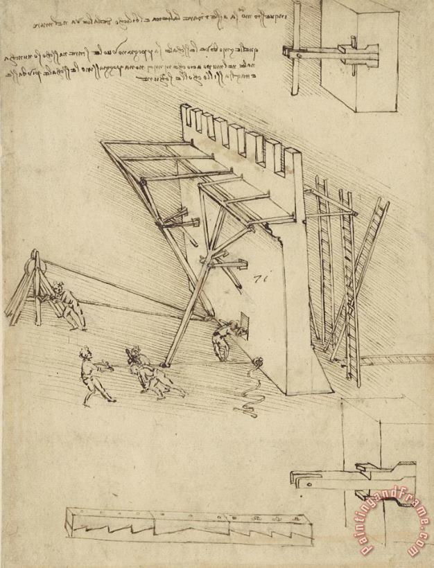 Siege Machine In Defense Of Fortification With Details Of Machine From Atlantic Codex painting - Leonardo da Vinci Siege Machine In Defense Of Fortification With Details Of Machine From Atlantic Codex Art Print