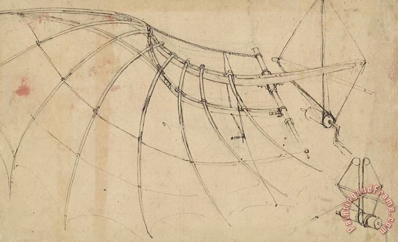 Wing Covered With Cloth And Moved By Means Of Crank Winch Below Right Detail Of Winch painting - Leonardo da Vinci Wing Covered With Cloth And Moved By Means Of Crank Winch Below Right Detail Of Winch Art Print