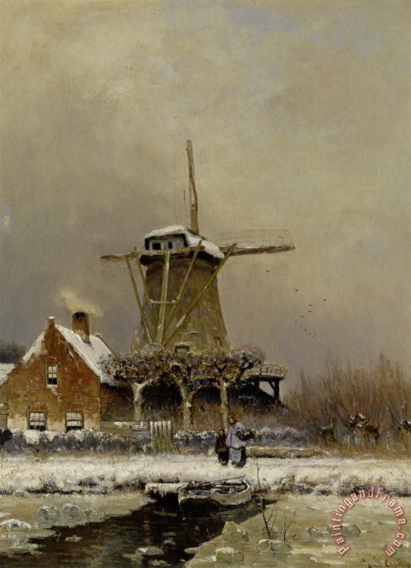 Louis Apol Figures by a Windmill in a Snow Covered Landscape Art Painting