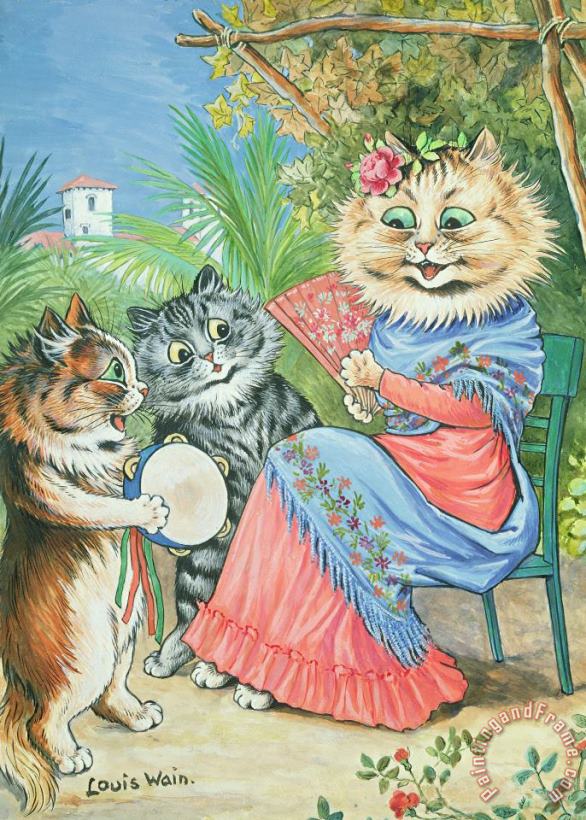 Mother cat with fan and two kittens painting - Louis Wain Mother cat with fan and two kittens Art Print