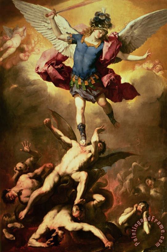 Archangel Michael overthrows the rebel angel painting - Luca Giordano Archangel Michael overthrows the rebel angel Art Print