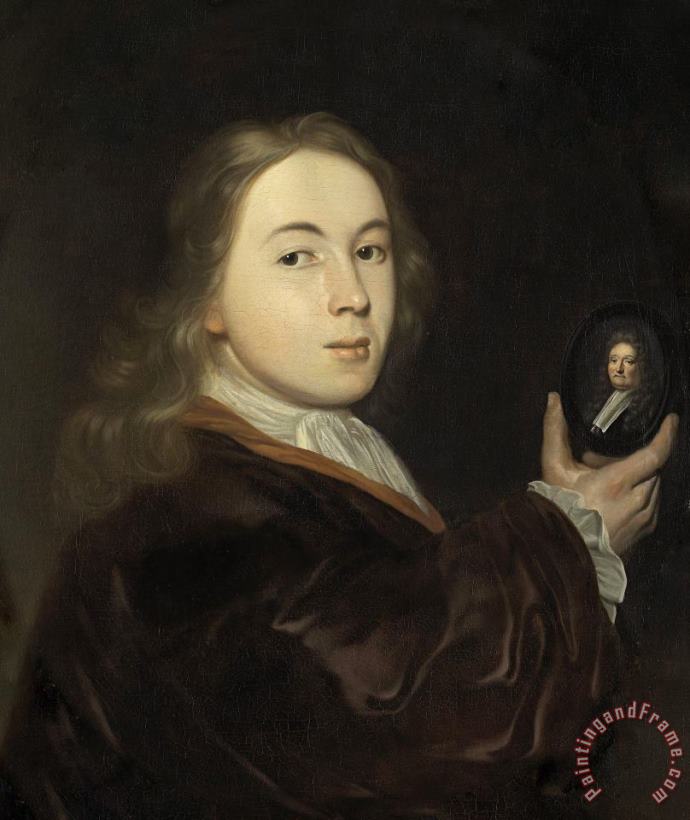 Johannes Bakhuysen (1683 1731). with a Miniature Portrait of His Father Ludolf painting - Ludolf Backhuysen Johannes Bakhuysen (1683 1731). with a Miniature Portrait of His Father Ludolf Art Print