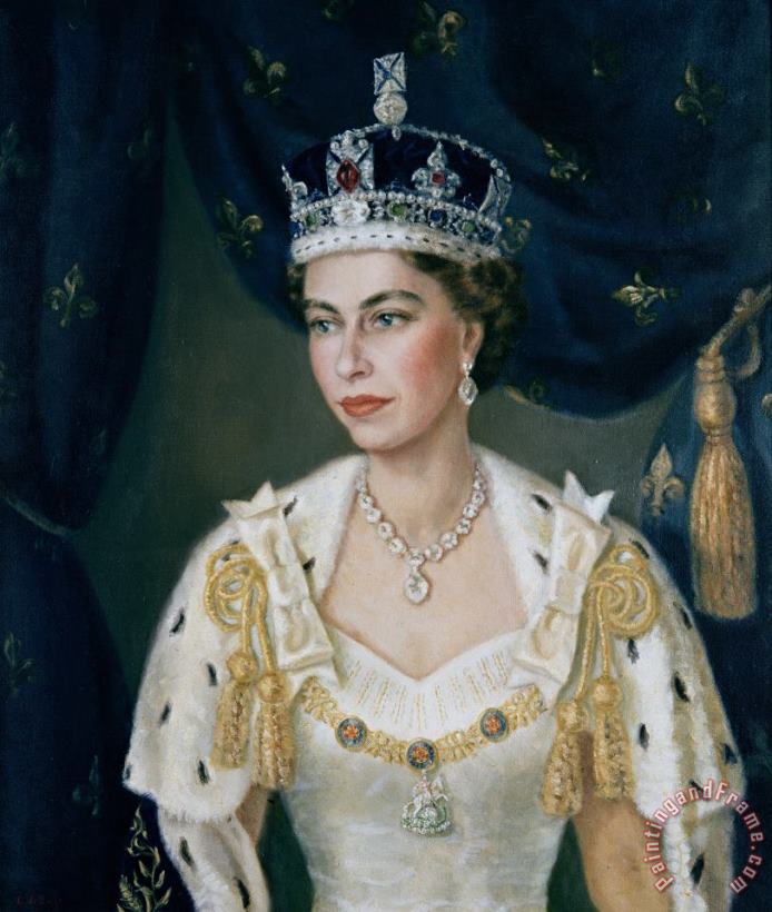 Portrait of Queen Elizabeth II wearing coronation robes and the Imperial State Crown painting - Lydia de Burgh Portrait of Queen Elizabeth II wearing coronation robes and the Imperial State Crown Art Print