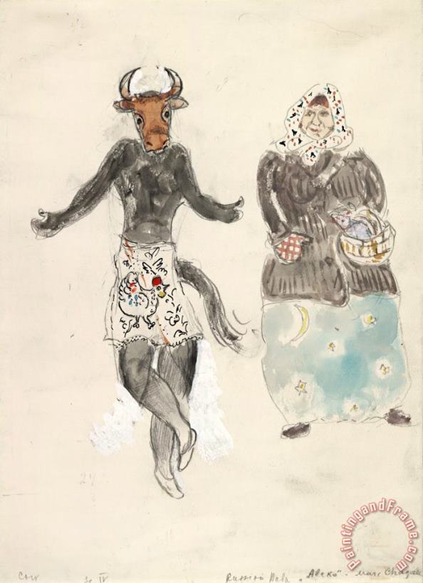 A Russian Baba And a Cow, Costume Design for Aleko (scene Iv). (1942) painting - Marc Chagall A Russian Baba And a Cow, Costume Design for Aleko (scene Iv). (1942) Art Print