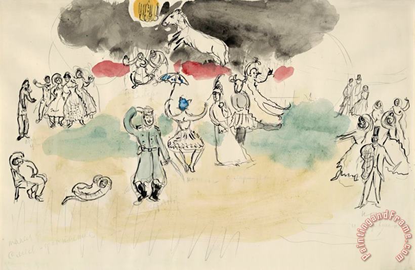 Aleko's Fantasy. Sketch for The Choreographer for Scene IV of The Ballet Aleko. (1942) painting - Marc Chagall Aleko's Fantasy. Sketch for The Choreographer for Scene IV of The Ballet Aleko. (1942) Art Print