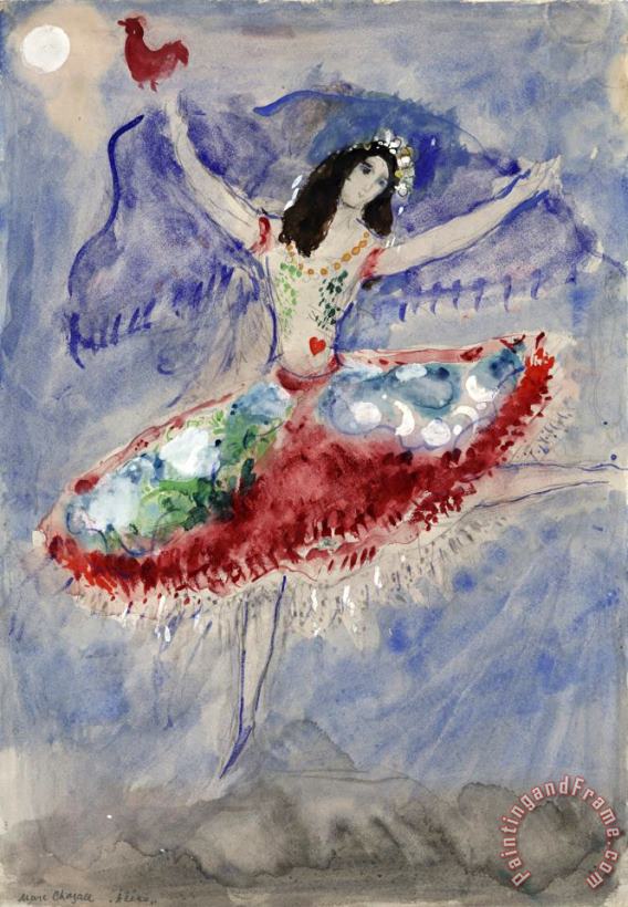 Zemphira, Costume Design for Aleko (scene I). (1942) painting - Marc Chagall Zemphira, Costume Design for Aleko (scene I). (1942) Art Print