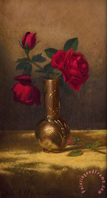 Martin Johnson Heade Red Roses in a Japanese Vase on a Gold Velvet Cloth Art Print