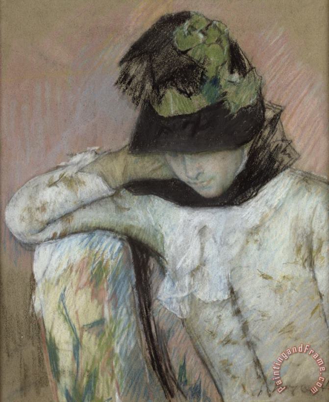 Young Woman in a Black And Green Bonnet, Looking Down painting - Mary Cassatt Young Woman in a Black And Green Bonnet, Looking Down Art Print