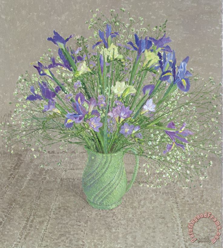 Still Life With Blue And White Freesias Iris And Michaelmas Daisies painting - Maurice Sheppard Still Life With Blue And White Freesias Iris And Michaelmas Daisies Art Print