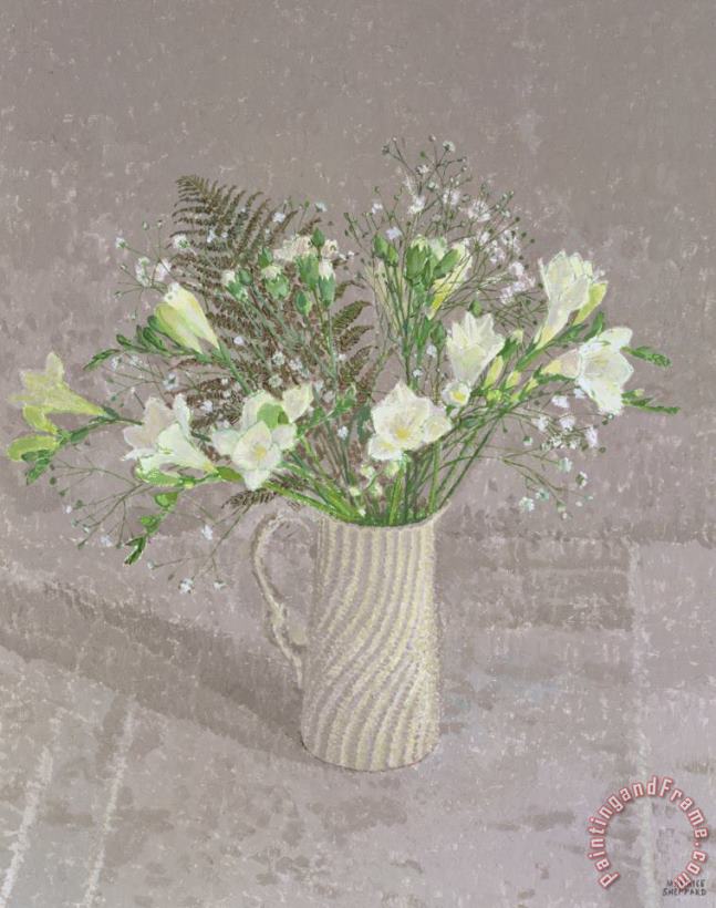 Still Life With Freesias White Carnation And A Fern painting - Maurice Sheppard Still Life With Freesias White Carnation And A Fern Art Print
