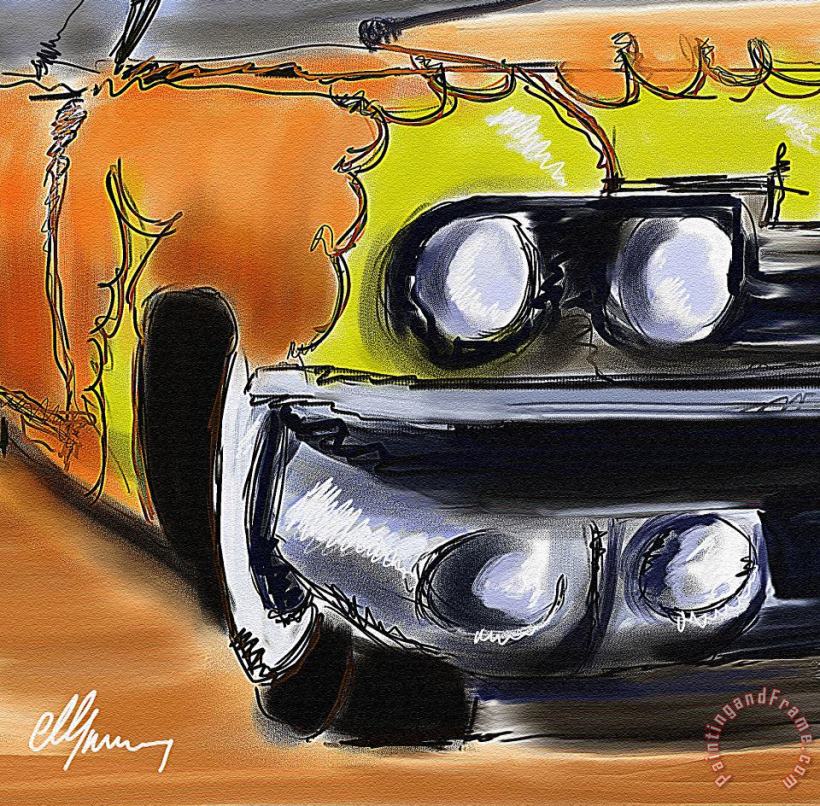 Classic yellow flame Cadillac painting - Michael Greenaway Classic yellow flame Cadillac Art Print