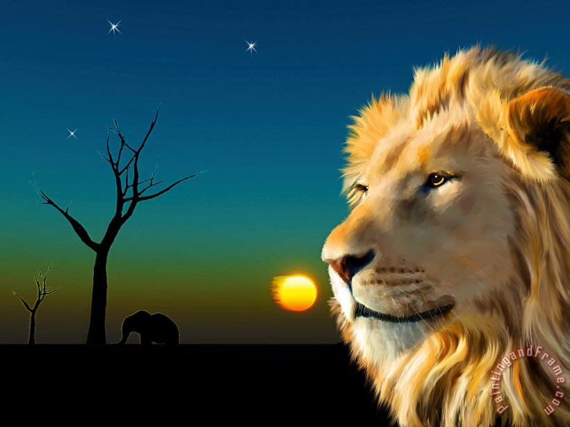 Michael Greenaway Lion Blue Sunset Art Painting