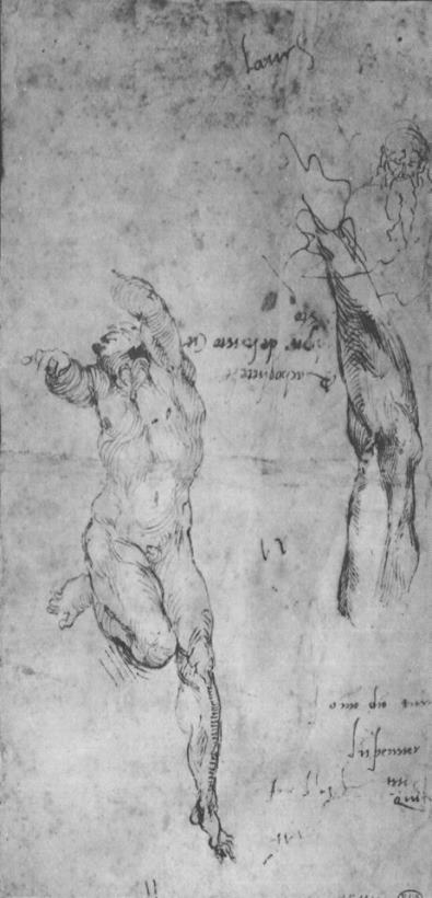 Male Nude And Arm of Bearded Man 1504 painting - Michelangelo Buonarroti Male Nude And Arm of Bearded Man 1504 Art Print