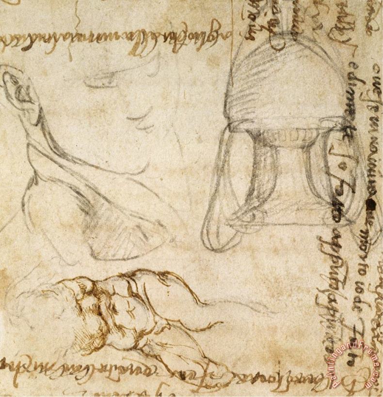 Page From a Sketchbook with Figure Studies And Notes painting - Michelangelo Buonarroti Page From a Sketchbook with Figure Studies And Notes Art Print