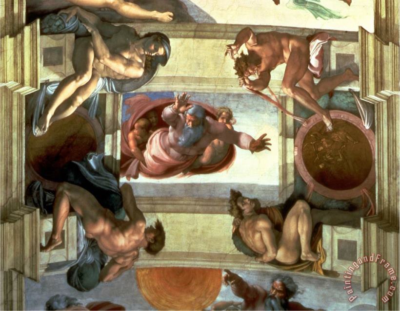 Sistine Chapel Ceiling God Separating The Land From The Sea with Four Ignudi 1510 painting - Michelangelo Buonarroti Sistine Chapel Ceiling God Separating The Land From The Sea with Four Ignudi 1510 Art Print