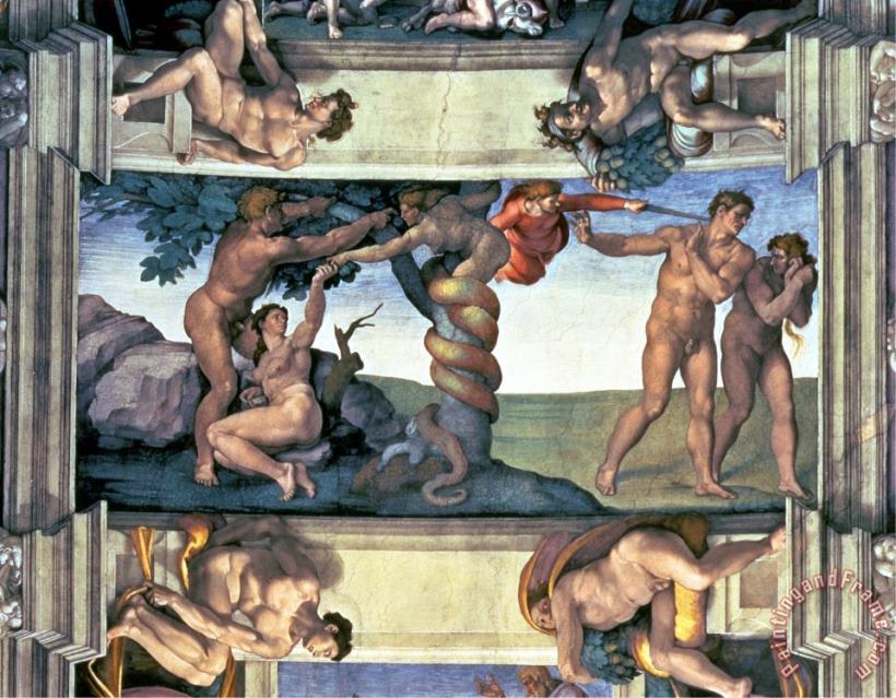 Sistine Chapel Ceiling The Fall of Man And The Expulsion From The Garden of Eden painting - Michelangelo Buonarroti Sistine Chapel Ceiling The Fall of Man And The Expulsion From The Garden of Eden Art Print