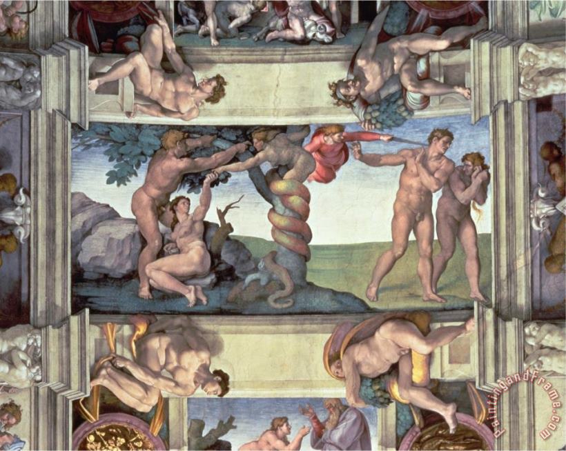 Michelangelo Buonarroti Sistine Chapel Ceiling The Fall of Man Expulsion From The Garden of Eden Four Ignudi 1510 Art Painting