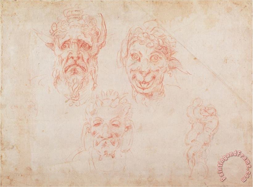 Sketches of Satyrs Faces painting - Michelangelo Buonarroti Sketches of Satyrs Faces Art Print