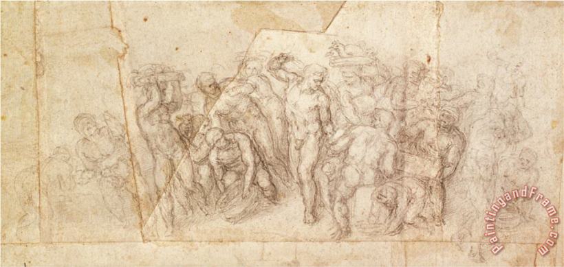 Study of Figures for a Narrative Scene Charcoal on Paper Recto painting - Michelangelo Buonarroti Study of Figures for a Narrative Scene Charcoal on Paper Recto Art Print