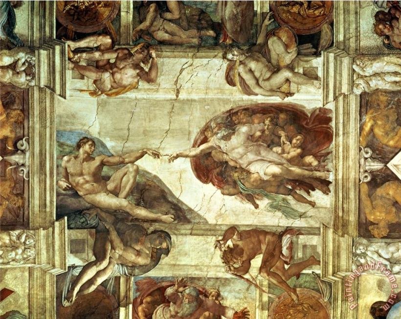 The Creation of Adam Detail From The Sistine Ceiling 1511 12 Fresco painting - Michelangelo Buonarroti The Creation of Adam Detail From The Sistine Ceiling 1511 12 Fresco Art Print