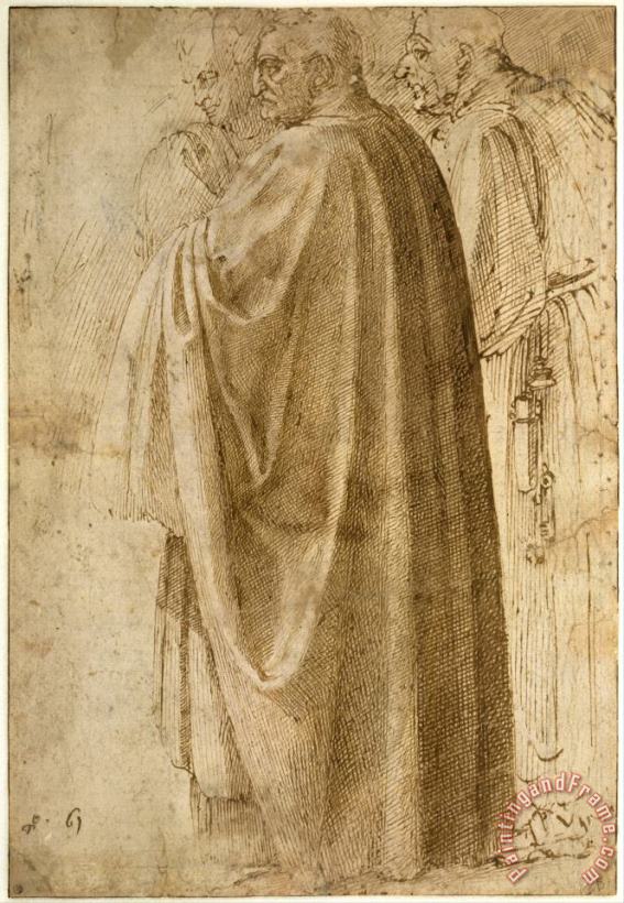 Michelangelo Buonarroti Three Standing Men in Wide Cloaks Turned to The Left (recto) Art Print