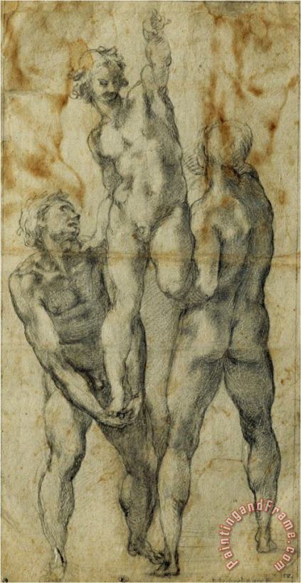 Michelangelo Buonarroti Two Male Nudes Lifting Up a Third Man Art Painting
