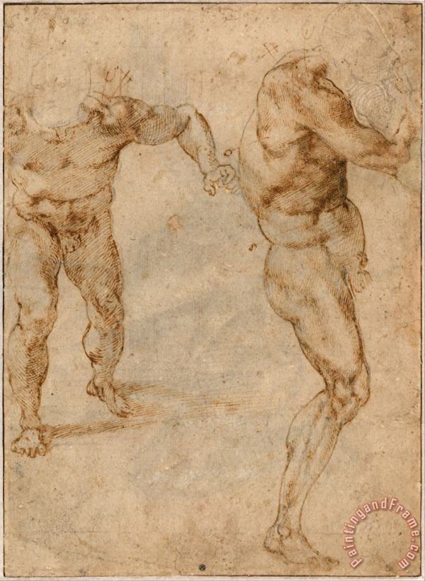 Michelangelo Buonarroti Two Nude Studies of a Man Storming Forward And Another Turning to The Right Art Print