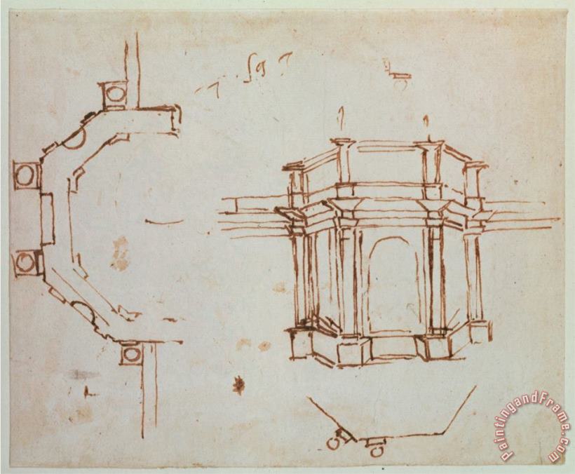 Michelangelo Buonarroti W 24r Architectural Sketch Art Painting