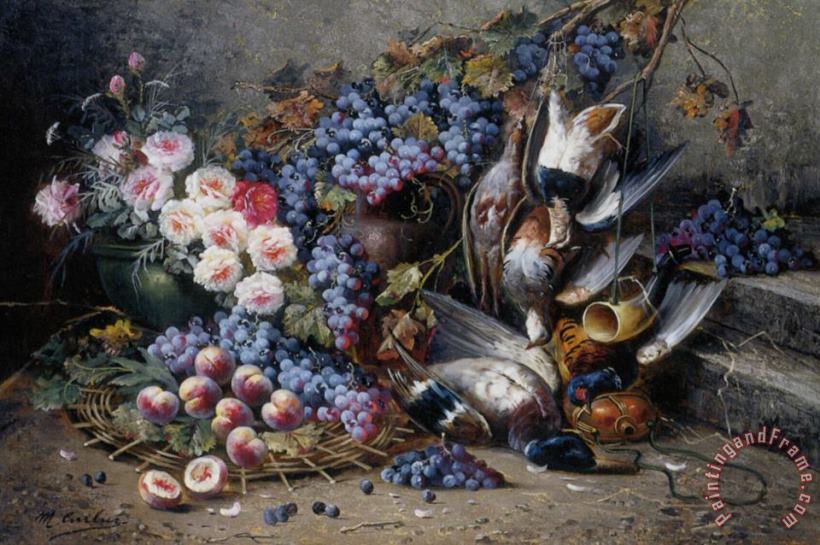 Roses Peaches Grapes And Game painting - Modeste Carlier Roses Peaches Grapes And Game Art Print