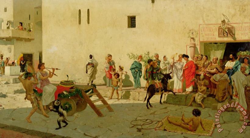 Modesto Faustini A Roman Street Scene with Musicians and a Performing Monkey Art Print