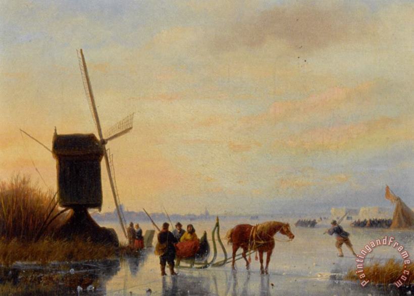 Nicolaas Johannes Roosenboom A Horse And Sledge on The Ice a Koek En Zopie in The Distance Art Painting
