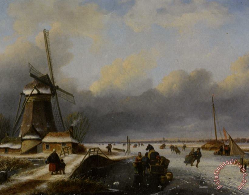 Nicolaas Johannes Roosenboom Skaters on a Frozen River Art Painting
