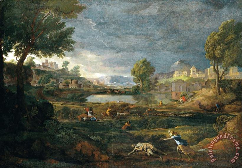 Landscape During a Thunderstorm with Pyramus And Thisbe painting - Nicolas Poussin Landscape During a Thunderstorm with Pyramus And Thisbe Art Print