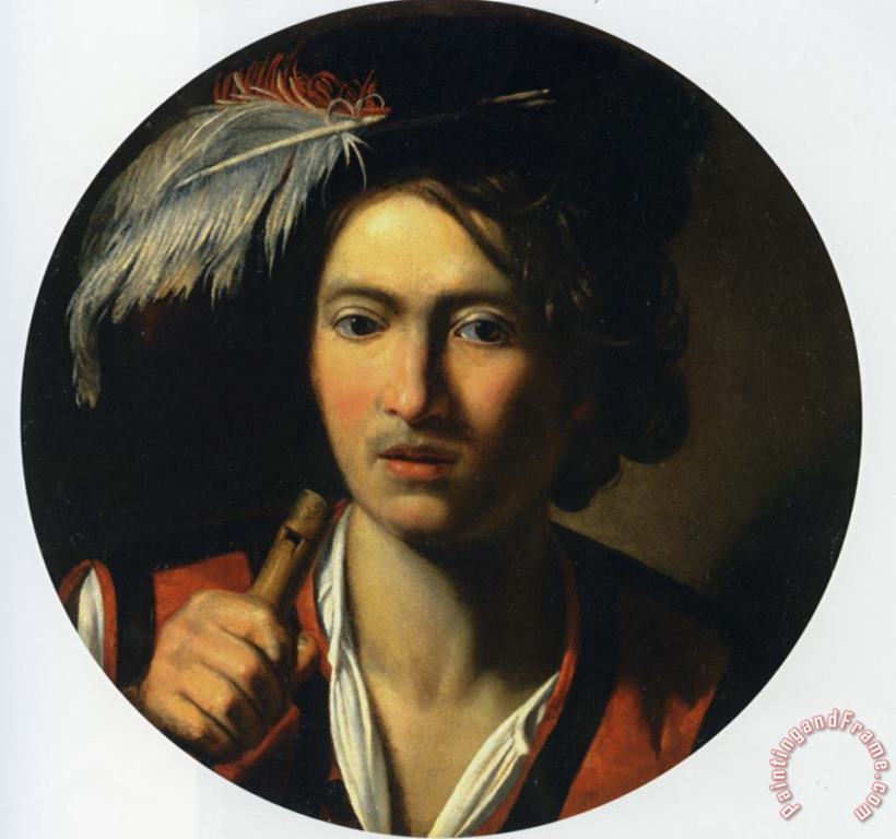 Portrait of a Young Man Bust Length Holding a Flute And Wearing a Feather in His Hat painting - Nicolas Regnier Portrait of a Young Man Bust Length Holding a Flute And Wearing a Feather in His Hat Art Print